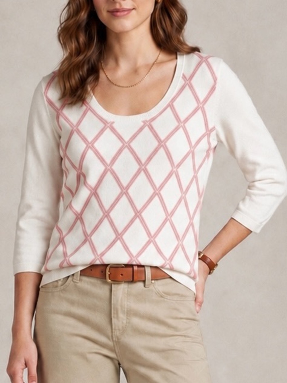 Brooks Brothers Cream Scoopneck Sweater with Pink Argyle